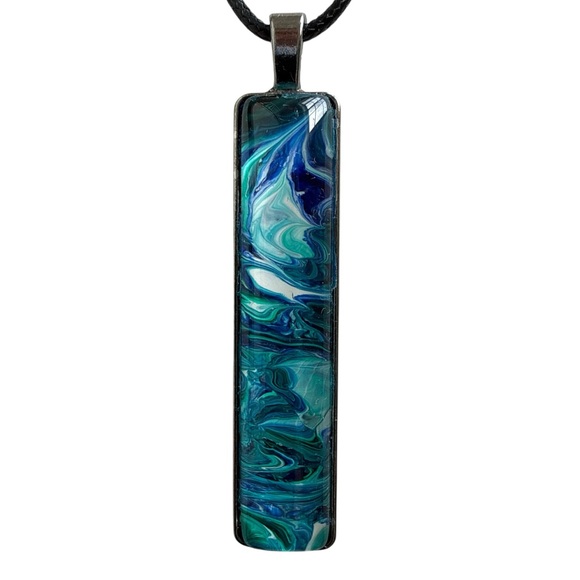 Hand Crafted Jewelry - Handmade Blue Teal Fluid Art Bar Pendant Necklace Long Rectangle Minimalist